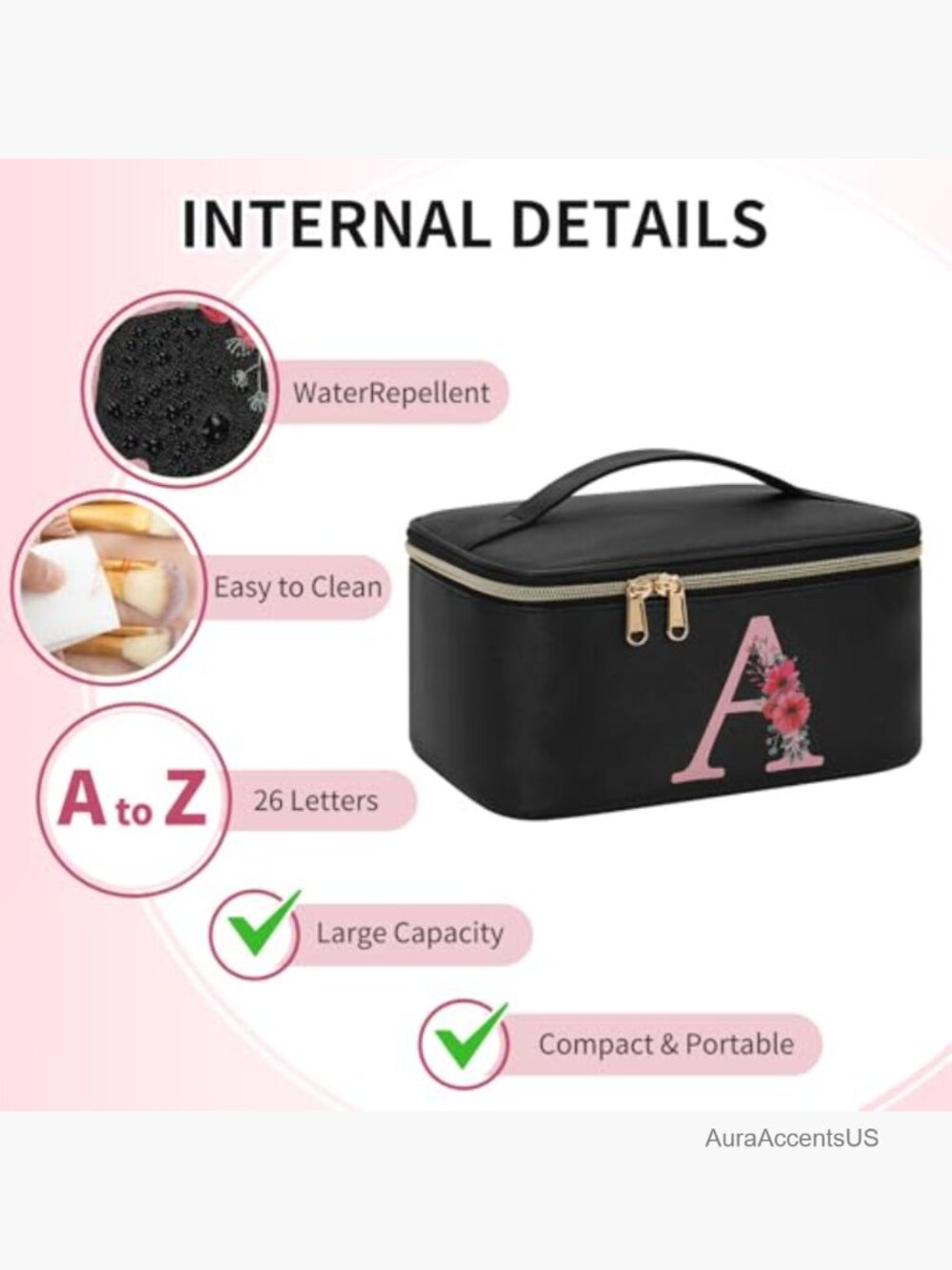 Personalized Initial Makeup Bag with Brush Holder, Travel Cosmetic Organizer - Picture 3 of 6